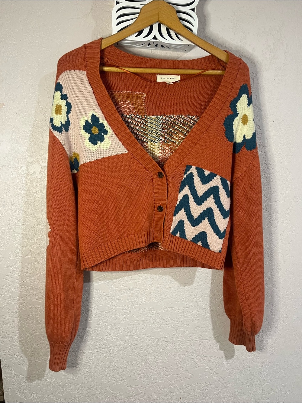 La Hearts Rust Orange Floral Patchwork V-Neck Cropped Cardigan